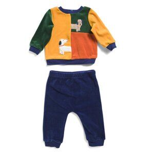 LITTLE ME Blue Newborn Boys 2pc Velour Dachshund Sweater And Joggers Set